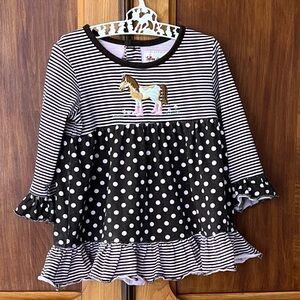 Toffee Apple Brown and Pink Girls Embroidered Horse Tunic Shirt Ruffle 2T